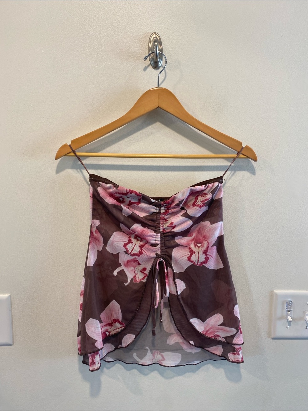 Y2K Floral Mesh Ruched Tube Top women’s size small festival fairy indie sleaze